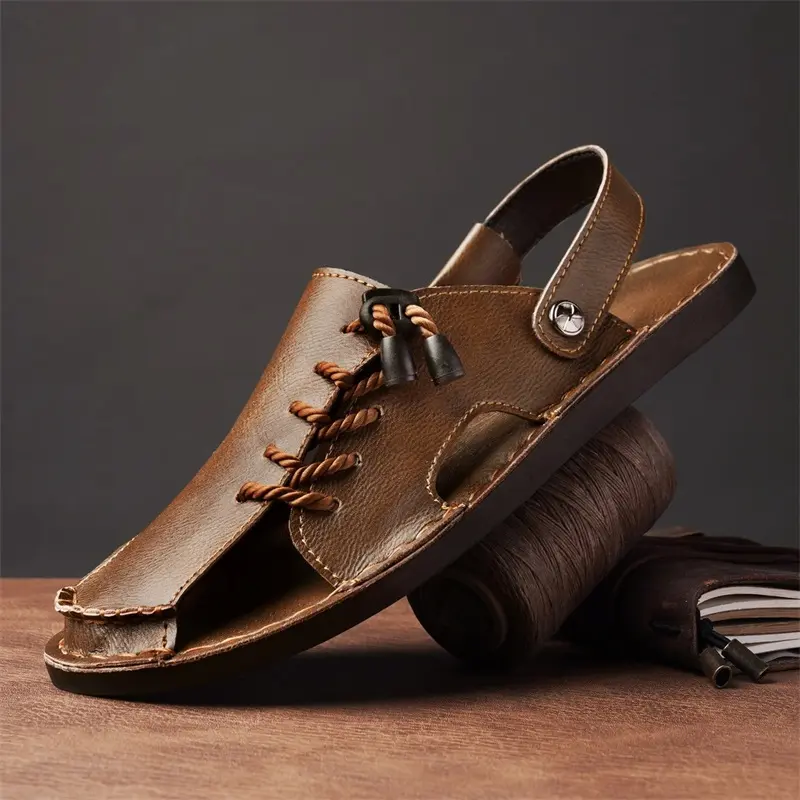 Men's Summer 2-in-1 Leather Open-Toed Slip-In Fashion Slippers, Hand-Stitched Retro Roman Beach Shoes for Big-Size Wide-Footed Comfortable Casual Footwear, Open-Toed Men's Fashion Slippers, Slip In Men's Fashion Slippers