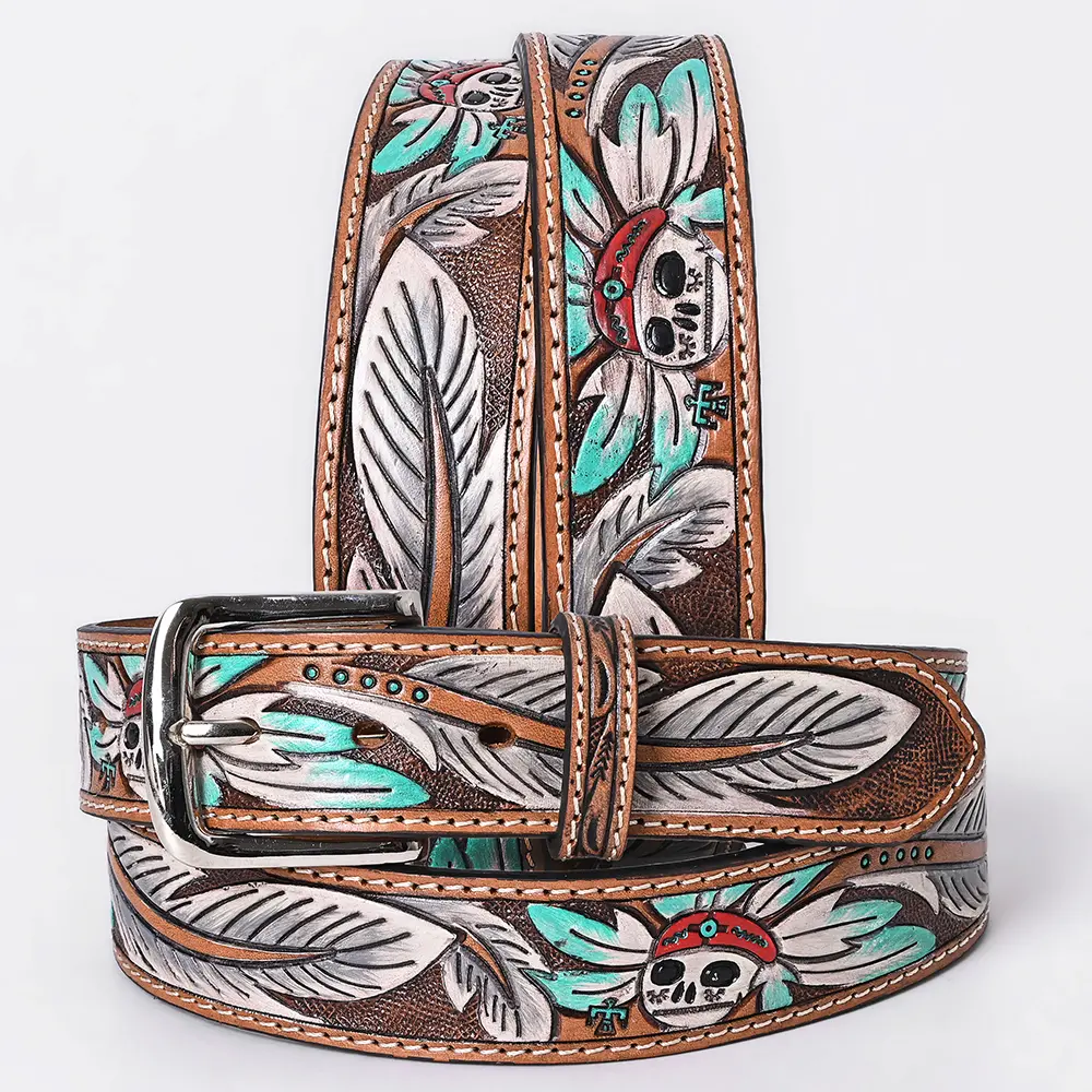 OHLAY Beautifully hand tooled Genuine American Leather Belt Men and Women Painted