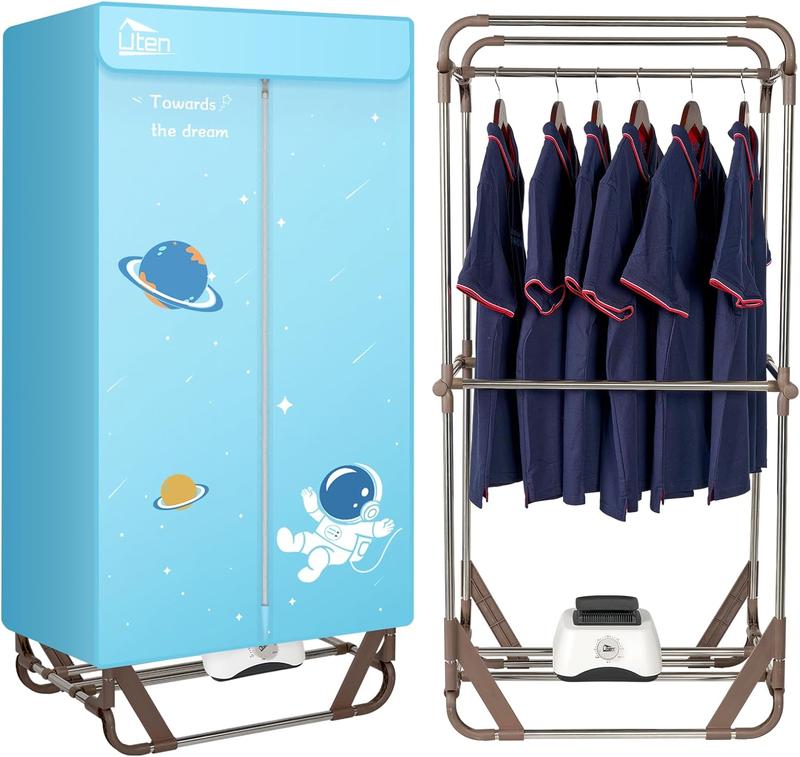 Uten Clothes Dryer Portable, 1500W Power Electric Clothes Hooded Dryer Machine with Timer, 2-Tier Laundry Drying Wardrobe, Foldable Clothes Drying Rack and Dryer for Travel, Apartments, RV, Home - Blue