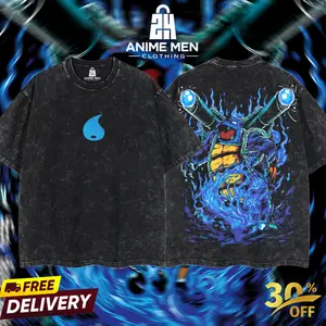 Men's Oversize Acid Washed Heavyweight PKM Retro Blast01se Digital Print Manga T-Shirt, Retro Merch, Gift For Anime Fans
