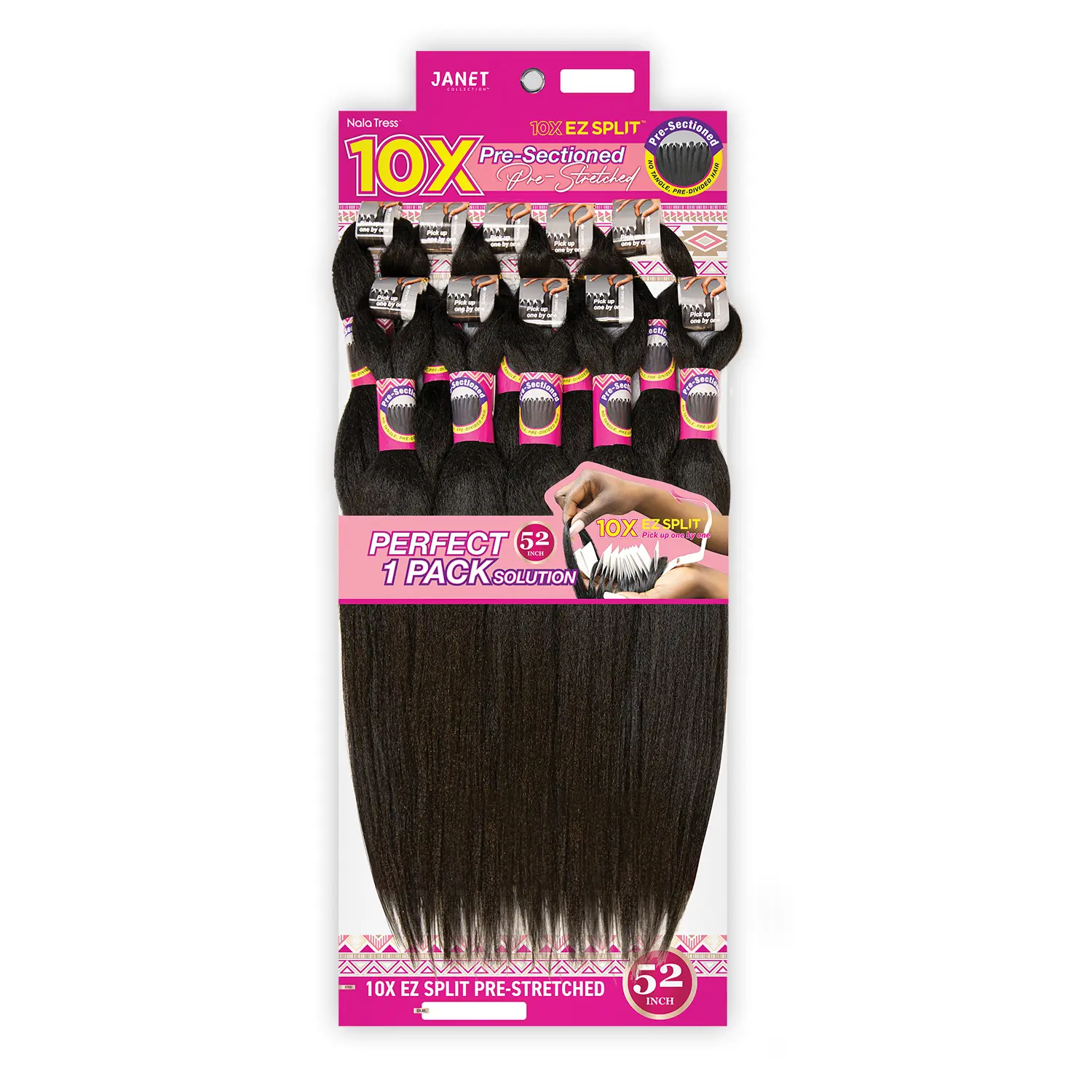 Janet Collection Pre-Sectioned Nala Tress Synthetic Braiding Hair Weave, 10X EZ Split Pre-Stretched 52" Braiding Hair with 1-by-1 Pick Up Feature