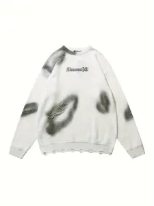 Men's Vintage Tie-Dye Letter Embroidery Sweater, Casual Fashion Round Neck Knitwear, Trendy American Style Pullover for All Seasons