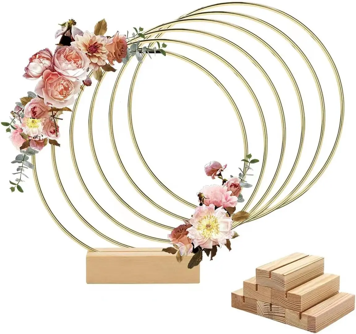 6-Pack Smooth 10-Inch Round Gold Metal Flower Hoop Wreath Centrepieces - 3.15-Inch Wooden Base, 25cm Faux Flowers, Festival & Decorative Bouquet Centrepieces for Wedding Table, Party Decor, Faux Flowers Centrepieces