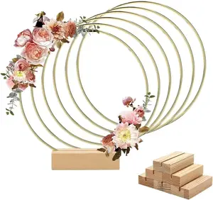 6 Pack 10 Inch Gold Floral Hoop Centerpiece with Wooden Stand for Wedding Table Decor Party Wreath Wall Hanging 25cm Hoop 3.15in Base