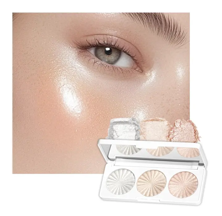 3 Colors Highlighter Powder Palette, Face Highlight Makeup Contour Powder | Waterproof Long Lasting Glitter Face Illuminator Highlighter for Women, 01 Lunar Glow Trio