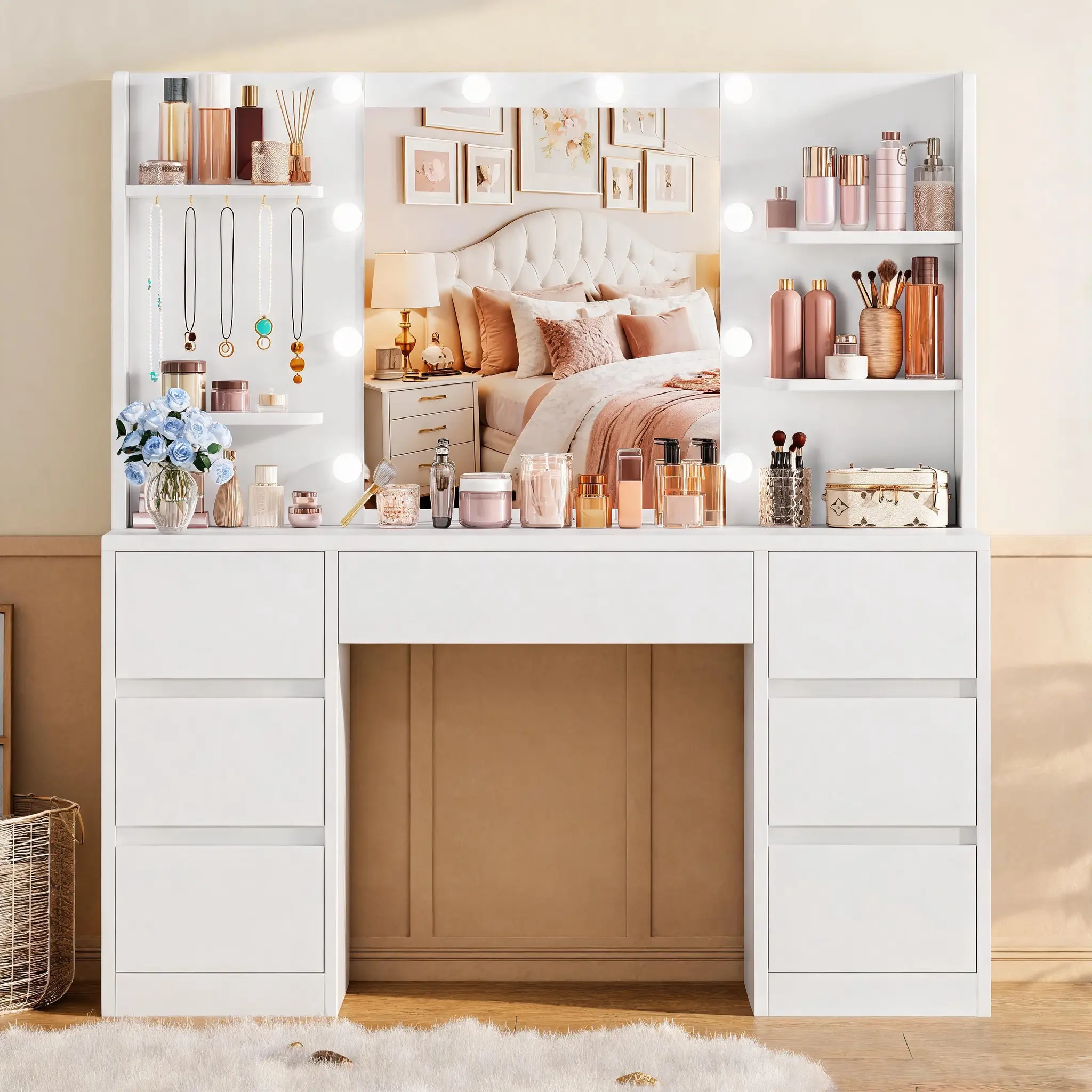 Vanity Table with Big Mirror and 10 LED Lights, Makeup Vanity with 7 Drawers 4 Open Shelves and  Metal Hooks, Dressing Table for Bedroom,White