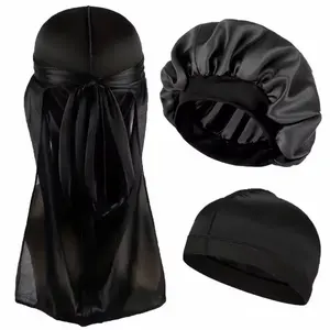 3 Silk Satin Durag & Bonnet Set for Men & Women – Hair Protection Sleep Cap