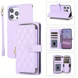 Crossbody Wallet Case for iPhone 16 15 14 13 12 11 Pro Max 7 8 Plus SE 2020 SE 2022, PU Leather Zipper Handbag Purse Flip Cover, Kickstand Folio Case with Card Slots Holder Wrist Strap Lanyard