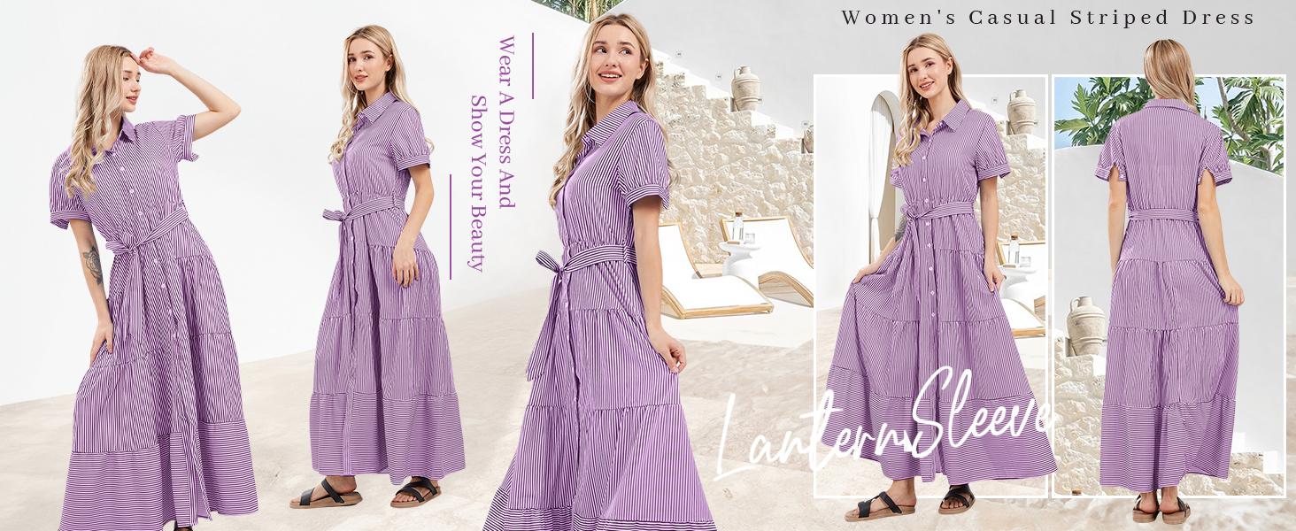 Ebossy Womens Casual Short Sleeve Button Down Tie Waist Ruffled Striped Maxi Shirt Dress Ebossy Womens Casual Short Sleeve Button Down Tie Waist Ruffled Striped Maxi Shirt Dress