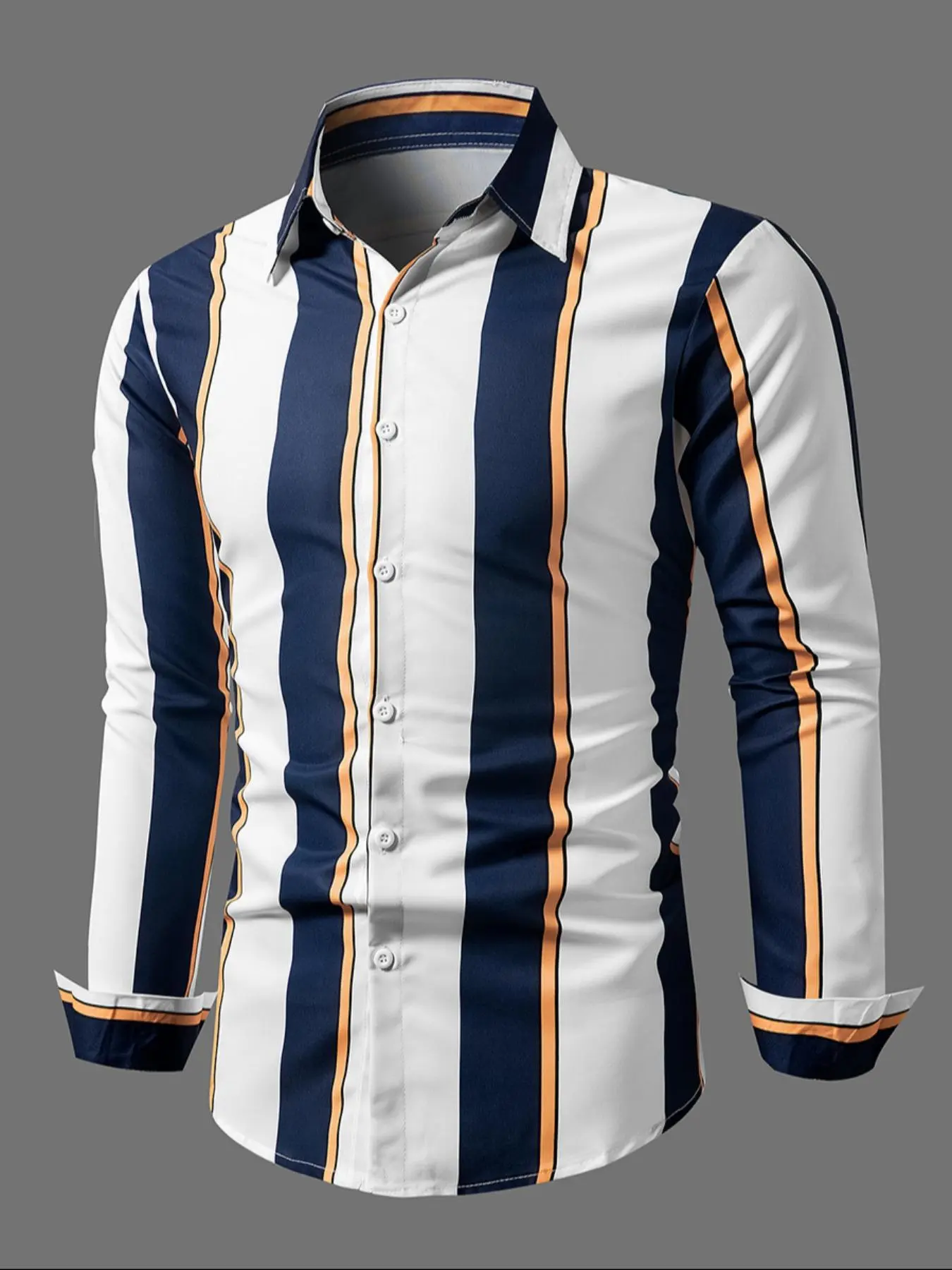 Men's Colorblock Striped Print Button Front Shirt, Fashion Fitted Casual Shirt, Regular Fit Long Sleeve Collared Top for All Seasons, Men's Clothes for Daily Wear