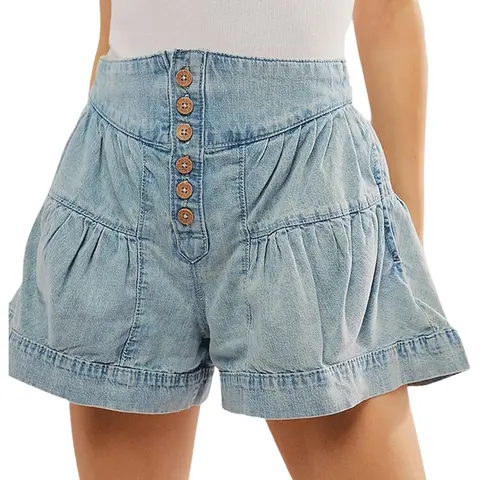 utcoco 2026 Women's High-Waist Denim Shorts - Elastic-Waist Wide-Leg with Retro Button Row, Pleated Ruffles for Work, Casual, Party, Photography, Preppy Occasions