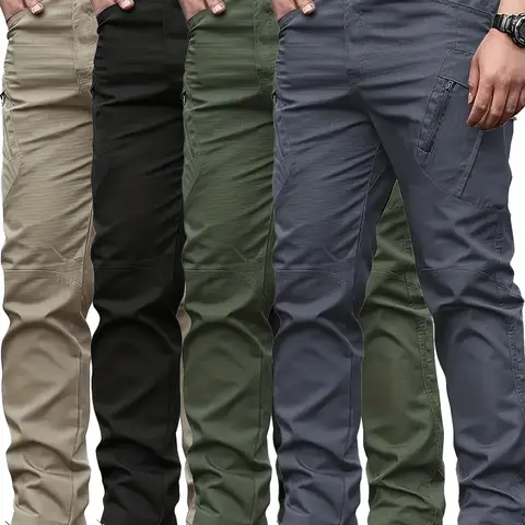 Men's 4-Piece Fitted Tactical Cargo Pants - Sturdy Rigid Woven Non-Stretch Fabric Pants for Outdoor, Daily Casual Wear, Beige
