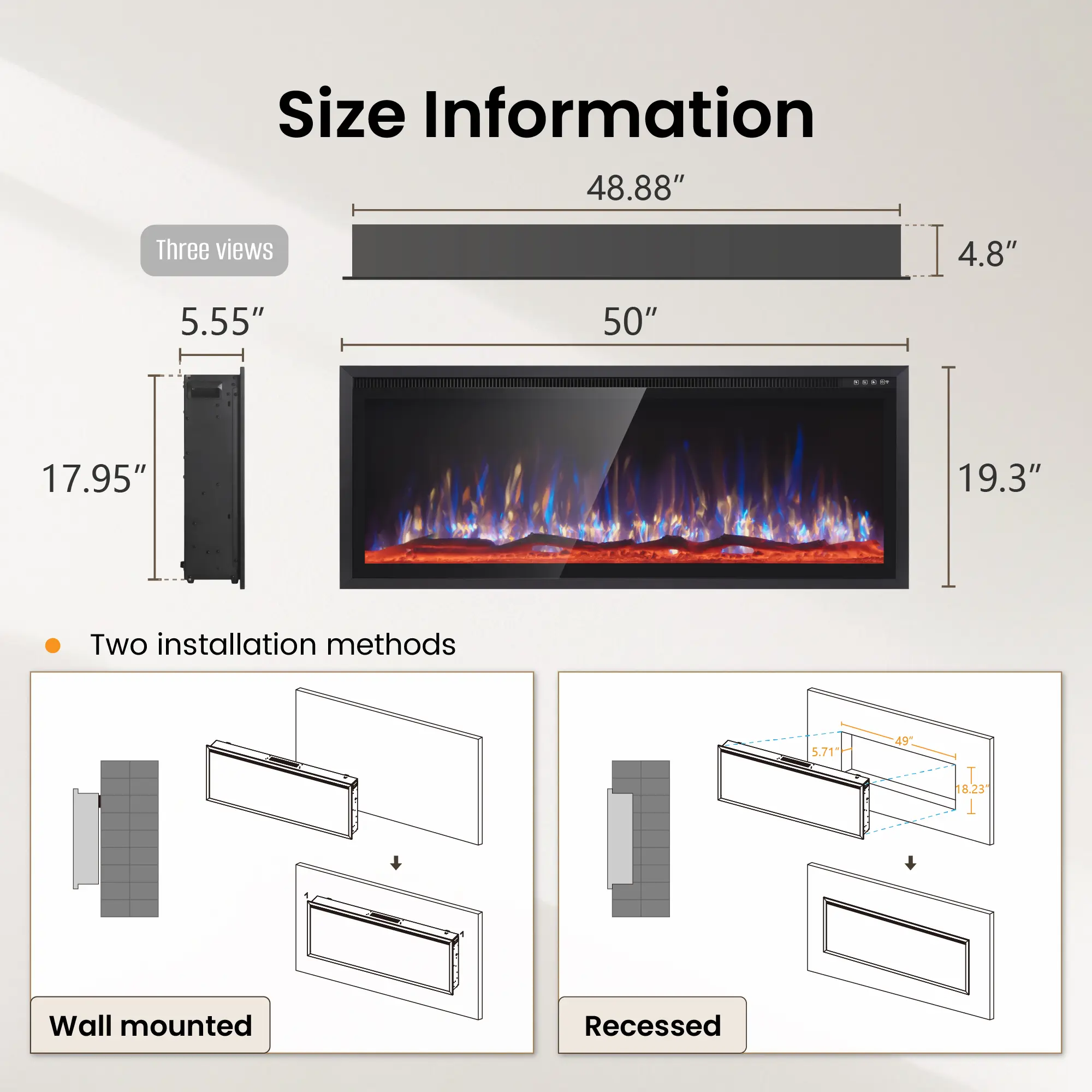 50C(5.55"D x 50"W x 19.3"H)
