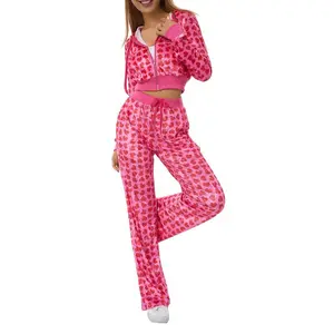 FemaleShortCoat,HeartPrintLongSleeveTopswithZipperandPocketsforSpringFall,Red,S/M/L