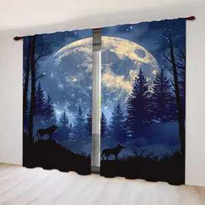 Night Forest Print Curtains Set, Fashionable Rod Pocket Window Drapes for Kids Room Bedroom Living Room, Comfortable Atmosphere Easy Installation