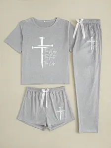 Cross Three-Piece Home Wear Set, Loose-Fitting Cartoon Pattern, Casual All-Seasons, Comfortable Daily Apparel, Womenswear, Homewear