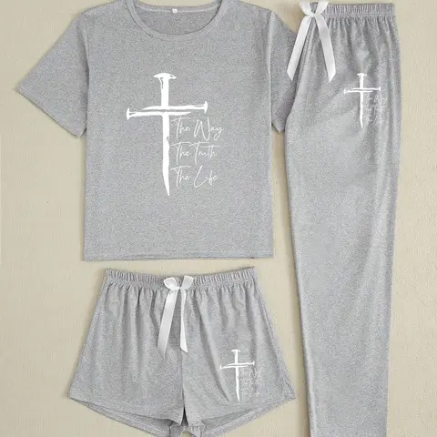 Cross Pattern Three-Piece Loungewear Set, Loose-Fitting Baggy Cartoon Pattern, Casual All-Season Wear, Comfortable Daily Apparel, Clothes, Home Sleepwear Loungewear