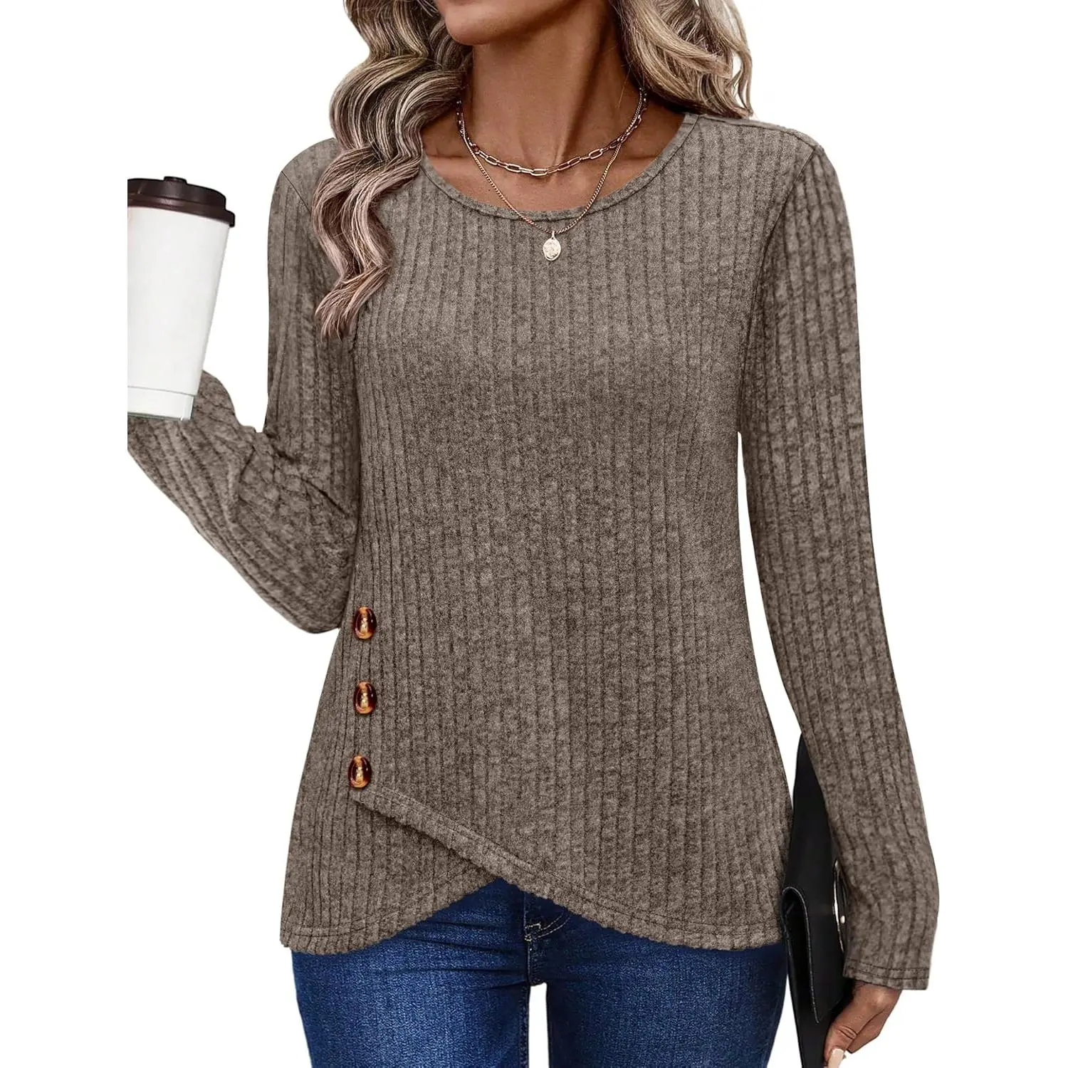 Women's Crew Neck Button-Detailed Long Sleeve Knit Tunic Sweaters - Versatile Fall/Winter Outfits for Teachers, Pair with Jeans, Leggings, Skirt, Premium Fabric, Knitwear, Feminine, Chunky, Cardigan