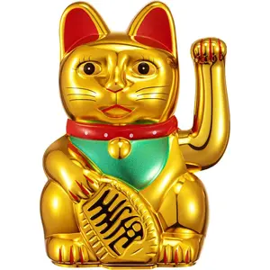 6 Inch Waving Arm Lucky Cat Maneki Neko Beckoning Wealth Feng Shui Cat Fortune Prosperity Decoration Battery Not Included Gold Color