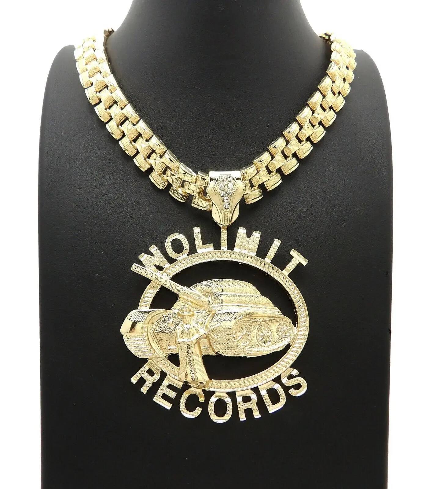 MaxBling81 Iced NOLIMIT RECORDS Charm Pendant Hip Hop Jewelry for Men, 24-in Tank Chain, Cuban Chain, 13mm Metal-Coated Bling Effect Bold & Striking Design 2.5-in Link Costume Necklace Accessory for Casual Daily Wear