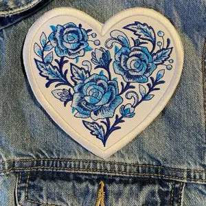 Delft Blue Rose Heart/Heart Patch/Valentines Day/Iron On/Sew On/Patches For Hats/Bags/Sweaters/Jackets Floral Embroidery Design Stylish Embroidery