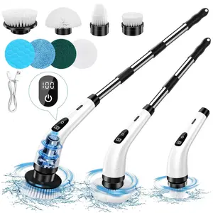 Electric Spin Scrubber, 1 Set Rechargeable Cordless Shower Scrubber Cleaner with 8 Replaceable Brush Heads, Adjustable 3 Speeds Extension Handle Power Cleaning Brush for Bathroom, Floor
