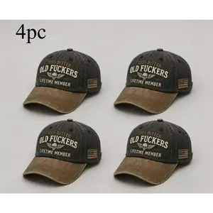 4 Pack 100 Bitter Old Fuckers Club Lifetime Member Vintage Washed Denim Baseball Caps American Flag Embroidery Distressed Dad Hats Funny Retro Skull Wing Design Adjustable Fashion Accessories for Men