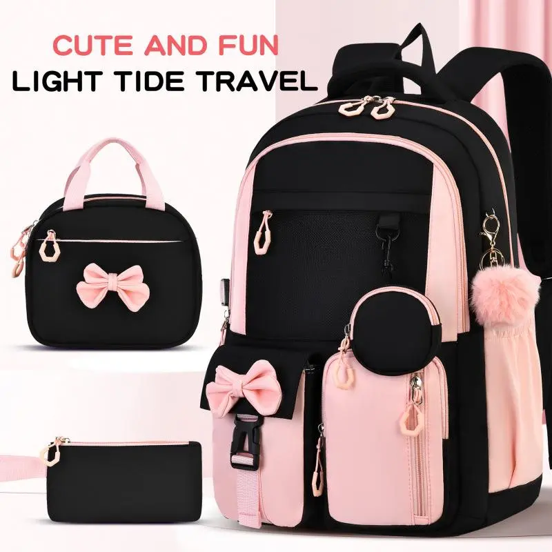 Black Pink Bow 3PCS School Backpack Set, Large Capacity Backpack + Insulated Lunch Bag + Pencil Case with Pom Pom Charm, Water Resistant Oxford Daypack
