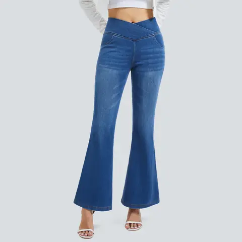 YUCOLEN Women's High Waisted Crossover Fitted Flare Denim Jeans - Regular Length, Cotton-Rich Knit, Soft Airy Elastane Stretchy Fabric, Tummy Control, Hip Lifting, 4 Pockets, Pull-On Fasten, Casual/Work/New Year Wear, All Seasons, Breathable Bell Bottom