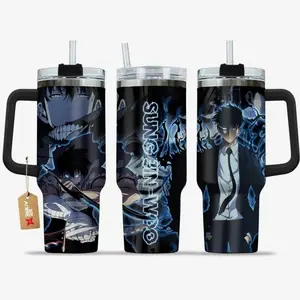 [Sip40 Otaku] Solo Leveling Sung Jin-Woo 40oz Tumbler With Handle – Shadow Monarch Stainless Steel Travel Mug, Anime Iced Coffee Cup, Manhwa Gift for Otaku & Gamer