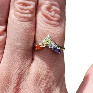 Sterling Silver Chevron Chakra Ring with Genuine Gemstones