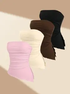 Spring Summer Fashion Womenswear Halter Top Plain Leopard Print Gathered Slim Fit Sleeveless Irregular Hem Blouse Set of 4 Pieces