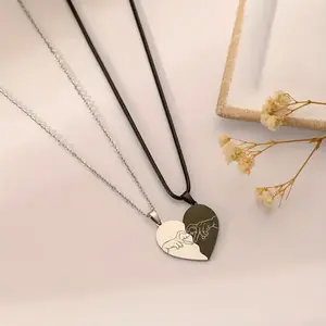 Stainless steel laser engraved heart-shaped couple design fashionable men's and women's couple necklace