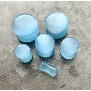 PAIR of Stunning Light Blue Cat Eye Stone Plugs/Tunnels - Gauges "2g  (6mm) up to 5/8" (16mm)