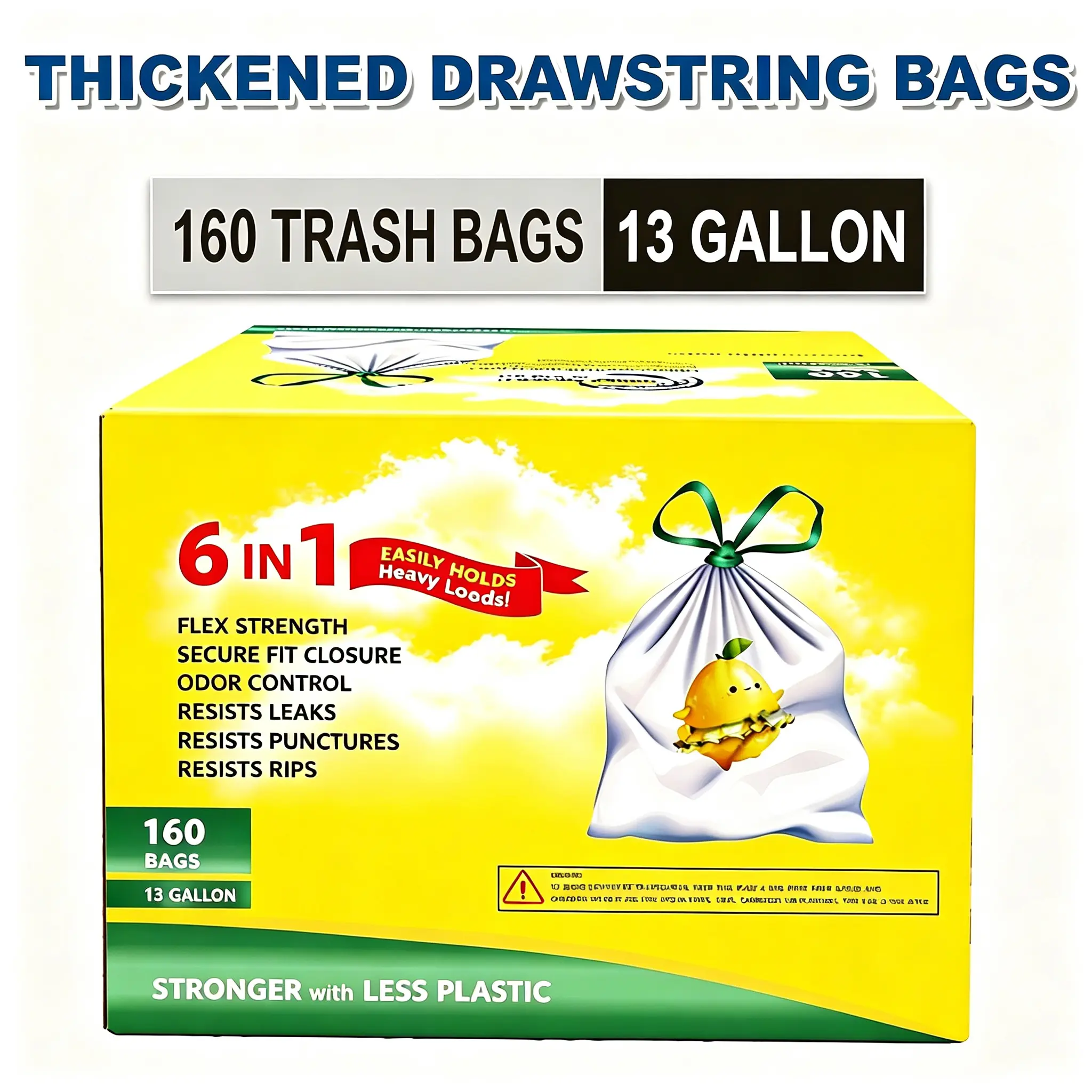 Large Trash Bag 13 Gallon Tall Drawstring 100% Post-Consumer Recycled Garbage Bag Waste Bag for Kitchen Office 0.6 Mil (160 Count)