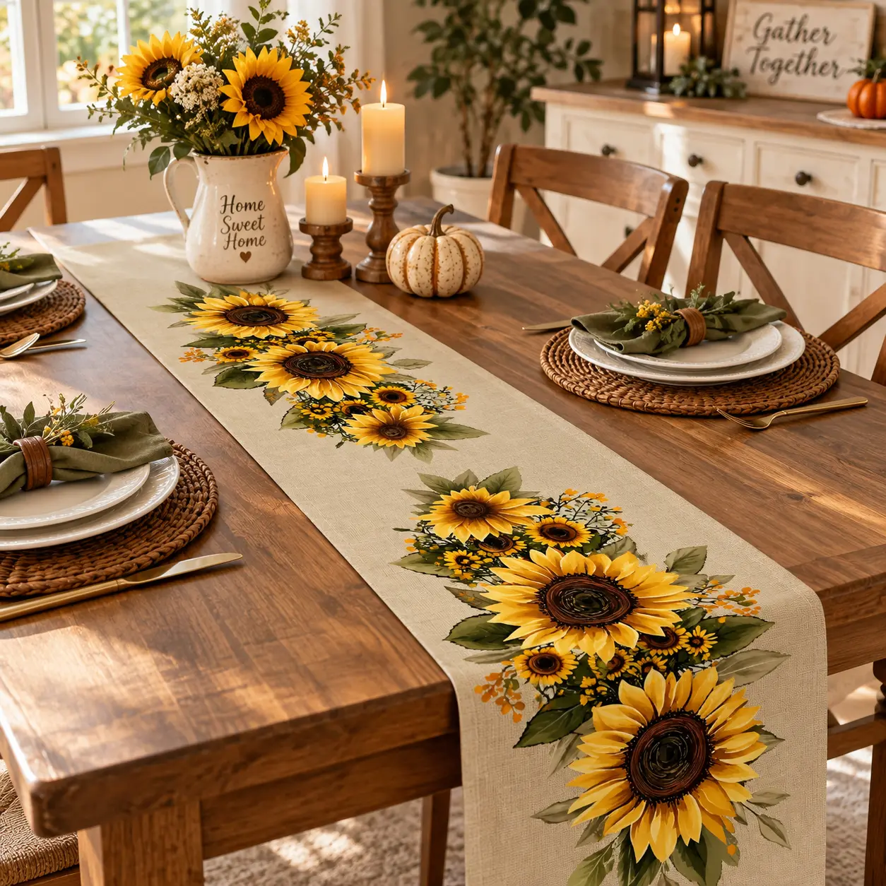 1pc Decorative Rustic Character Sunflower Large Flower Motif Runner Polyester Textured Fabric Machine-Washable Warm Home Accent for Kitchen Dining-Coffee Table Christmas Decor
