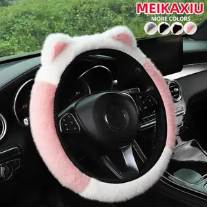 Cute Cat Ear Design Car Steering Wheel Cover, Winter Warm Plush Car Steering Wheel Protector, Car Interior Accessories for Women & Girls, Pink