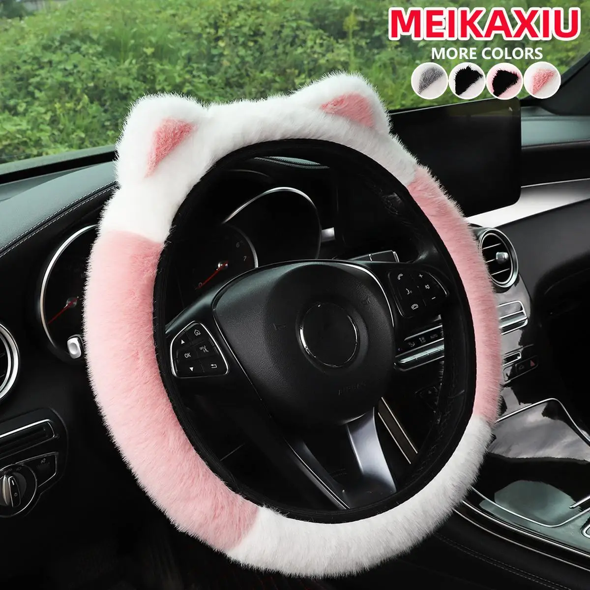 Cute Cat Ear Design Car Steering Wheel Cover, Winter Warm Plush Car Steering Wheel Protector, Car Interior Accessories for Women & Girls, Pink