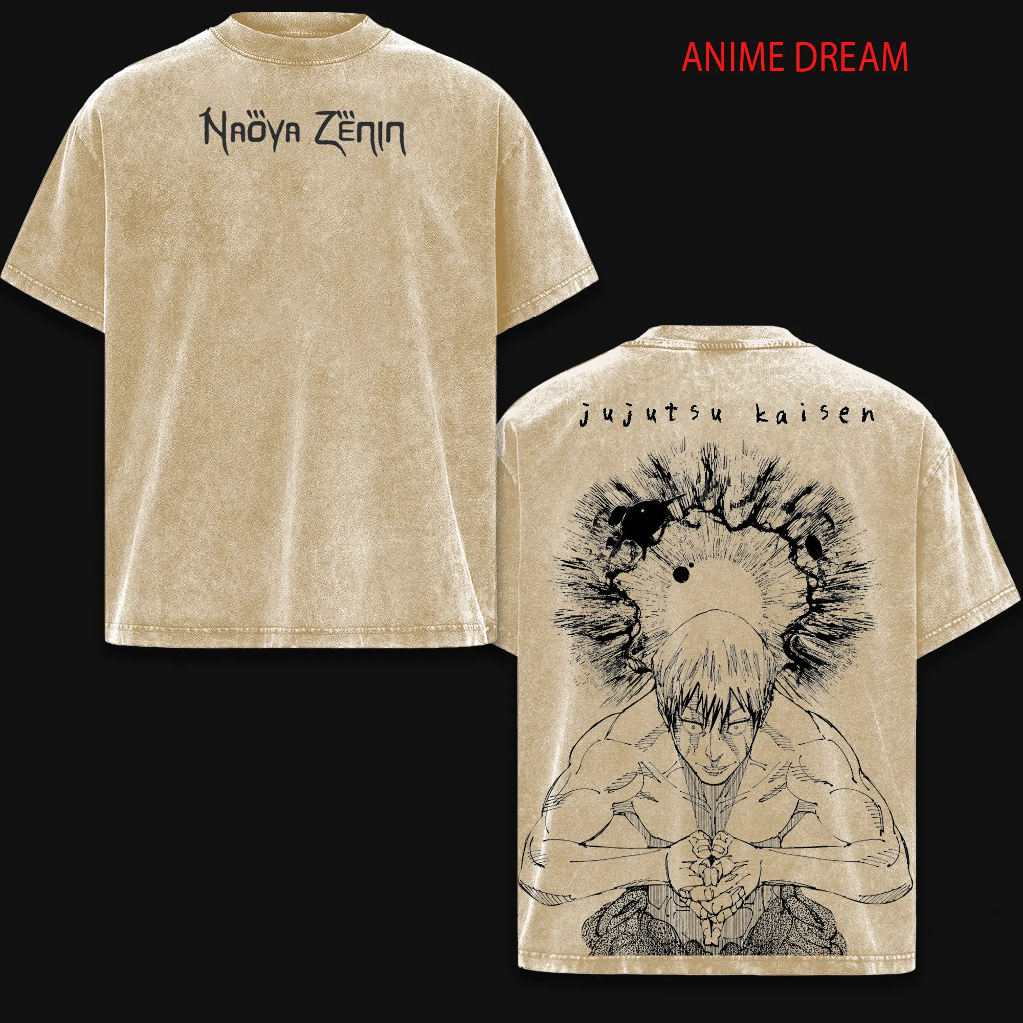 Naoya Zenin JJK Anime Double Printed Vintage Washed Tee Unisex Oversize Anime Manga Washed Heavyweight Cotton T-shirt
