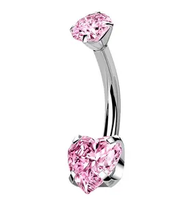 Pink Heart CZ Internally Threaded Titanium Belly Button Ring