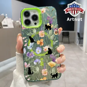 Black Cat Flowers Pattern Magnetic Phone Case for iPhone 16 15 14 Pro Max 13 12 11 XR XS Plus Shockproof Non Slip Military-Grade Protection slim Cover Cellphone Protective Smartphone Casing