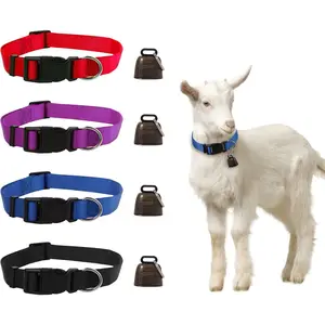 4 Pack Goat Collars with Bell Adjustable Nylon Collar and Grazing Copper Bells Set Farm Animal Anti-Lost with Loud Bronze Bells for Goat Sheep Horse Cow