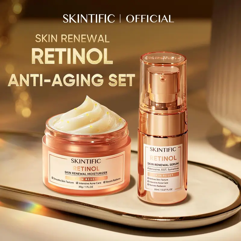 SKINTIFIC 2PCS Retinol Renewal Combo - Retinol Renewal Moisturizer + Serum 0.1% Pure Retinol Skin Reset For Oily / Acne-Prone Skin