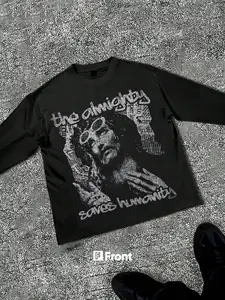 Men's Slim Fit Long Sleeve Graphic T-Shirt, Jesus Sunglasses Print, Casual Street Style, Streetwear, All Seasons, Unisex, Young College Trend