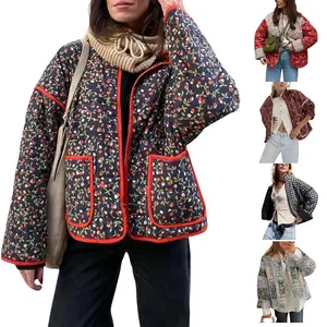Kingapril Women's Cropped Floral Quilted Jacket Cardigan Printed Lightweight Open Front Padded Puffer Coat