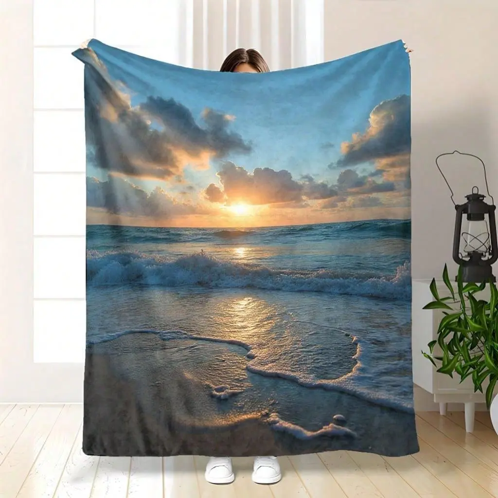 Sunset Flannel Blanket - Dual-Sided Digital Print All-Season Sofa Throw, Soft Washable Bedspread With Vibrant Coastal Art, Contemporary Home Decor, Dual-Sided Print, Durable Comfort 280 Gsm
