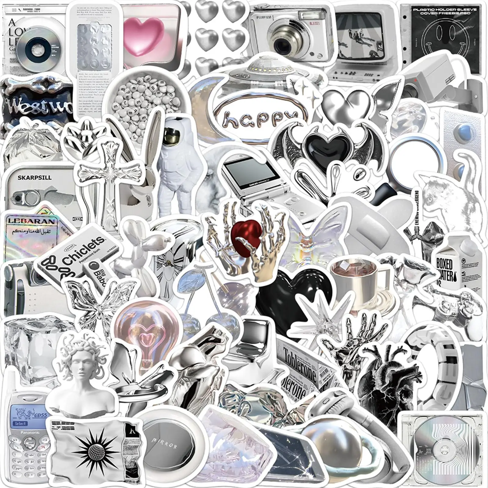 66PCS Aesthetic Stickers Silver Stickers Pack, Y2K Aesthetic Stickers for Water Bottles Laptop Journaling Scrapbook Eikecy Vinyl Waterproof Vintage Stickers for Adults Teens