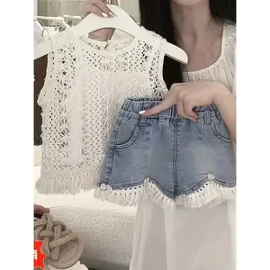 Girls' Summer Outfit 2025 New Korean Style Hollow Out Vest and Jeans Two-Piece Set, Suitable for Outdoor Wear