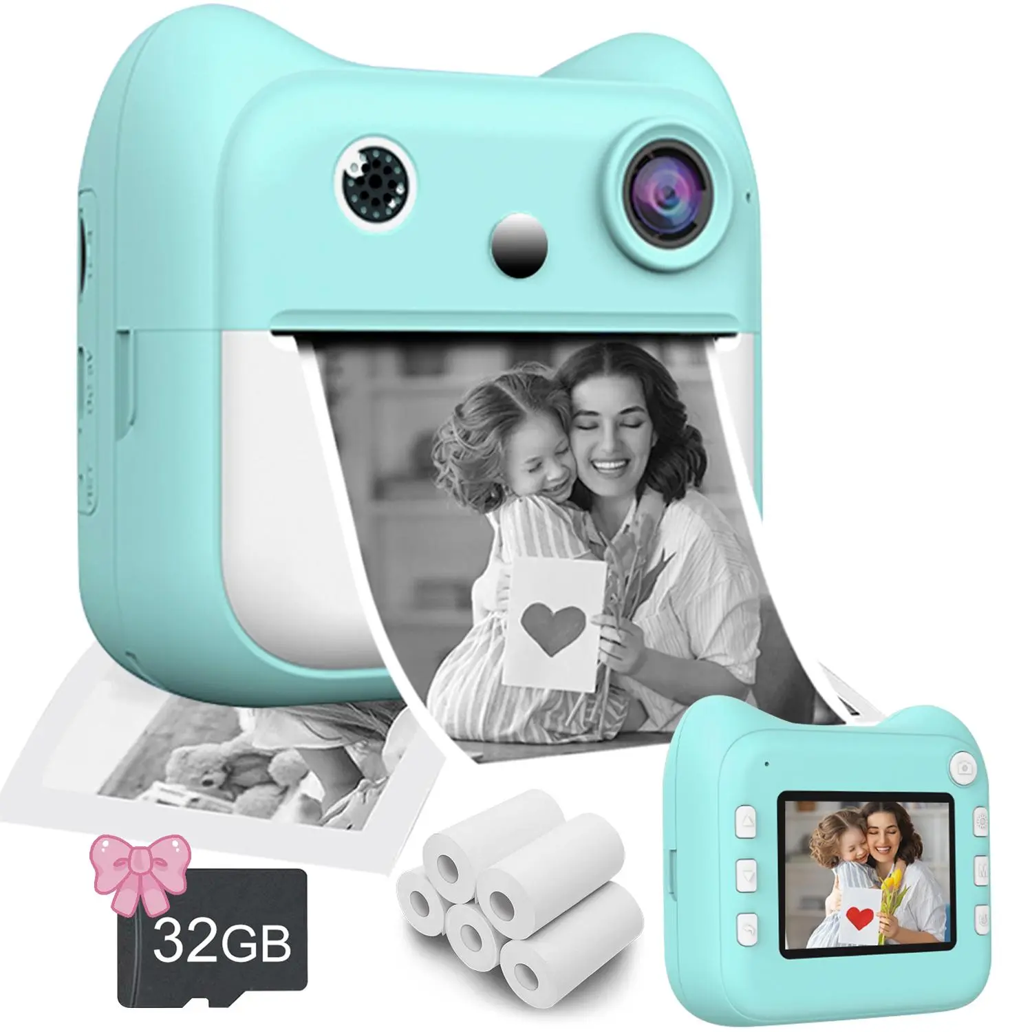 Kids Instant Camera with 1 Roll of Film, 32GB SD Card, HD Screen, Video Recording, USB Rechargeable Battery, Perfect Gift for Ages 3-8