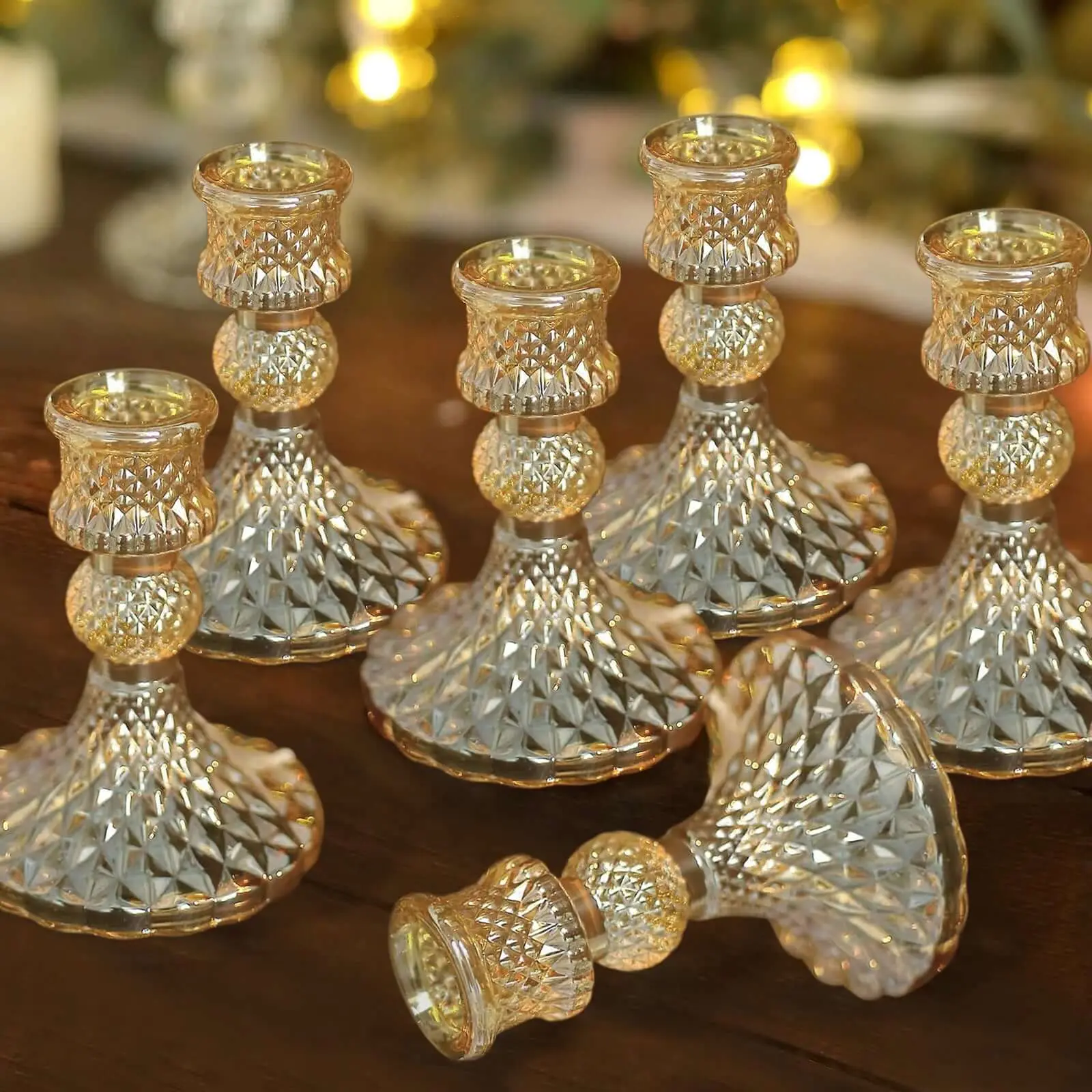 6-Pack Diamond Pattern Glass Taper Candlestick Holders - Amber Gold Reversible Crystal Pillar Votive Stands, 4" Home Decor, Room Decor Wedding Amber Candleholder